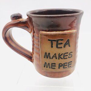 Artisan JMACS Pottery Ceramic Mug With "Tea Makes Me Pee" Handle Brown Glaze